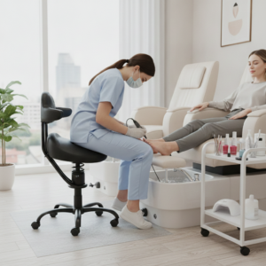 Pedicure aan het werk op de actieve zadelkruk Spinalis Rodeo