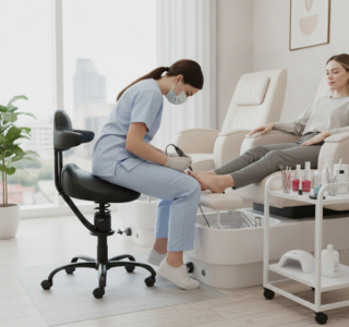 Pedicure aan het werk op de actieve zadelkruk Spinalis Rodeo