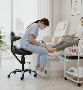 Pedicure aan het werk op de actieve zadelkruk Spinalis Rodeo