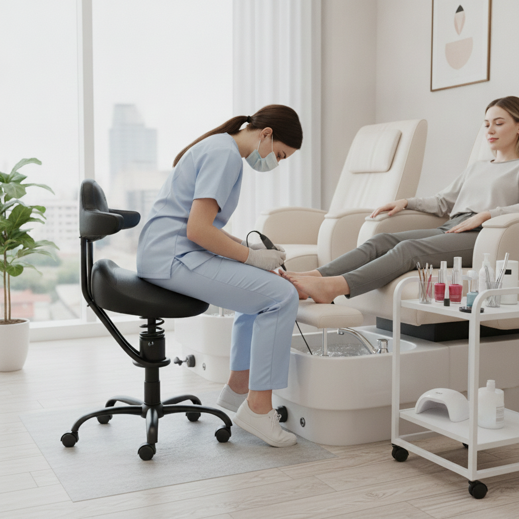 Pedicure aan het werk op de actieve zadelkruk Spinalis Rodeo